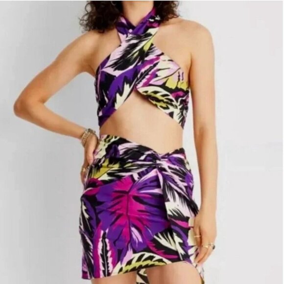 Future Collective x Alani Noelle Tropical Print Halter Crop Top L - Picture 3 of 12